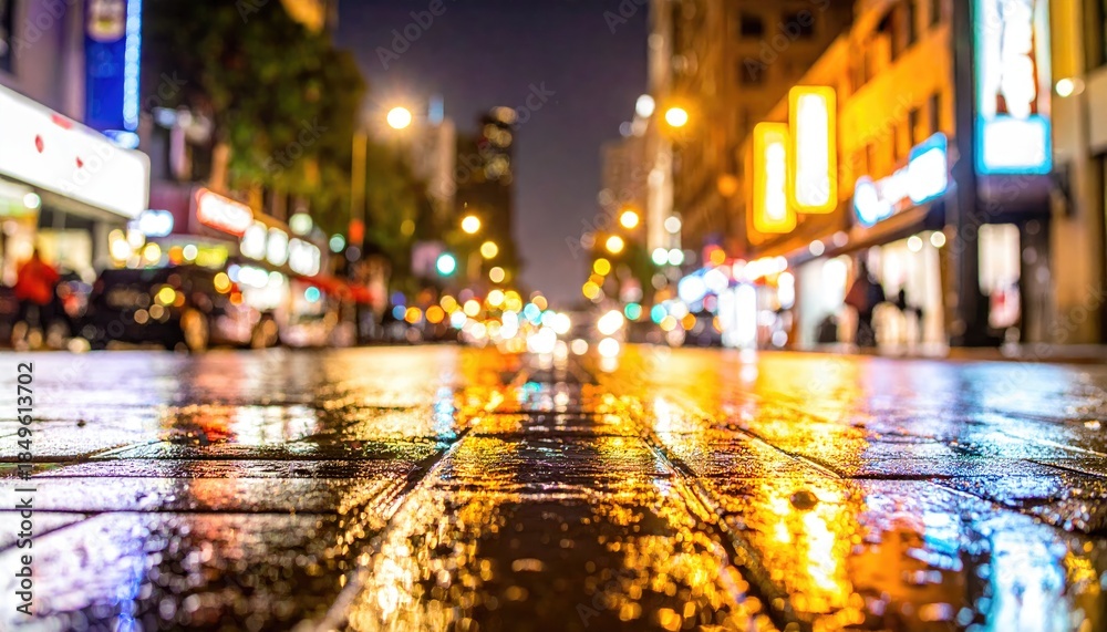 Obraz premium City street at night with wet cobblestones reflecting lights (1)