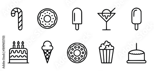 Collection of black outline representing various sweet treats and snacks candy cane