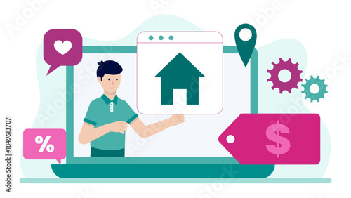Real Estate Agent Hosting a Virtual Home Tour. Business Flat Vector Illustration
