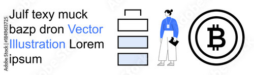 Cryptocurrency investments, blockchain networks, data storage, finance, technology, business. Woman in blue sweater, cryptocurrency symbol and stacked data icons. Cryptocurrency and blockchain