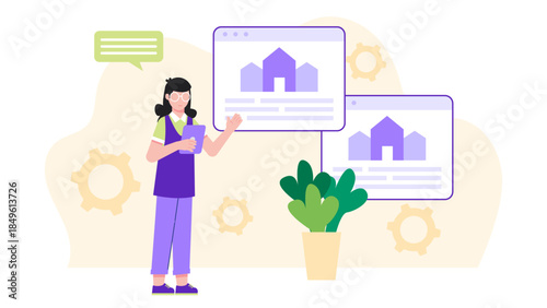 Real Estate Agent Hosting a Virtual Home Tour. Business Flat Vector Illustration