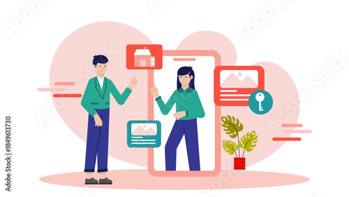 Real Estate Agent Hosting a Virtual Home Tour. Business Flat Vector Illustration