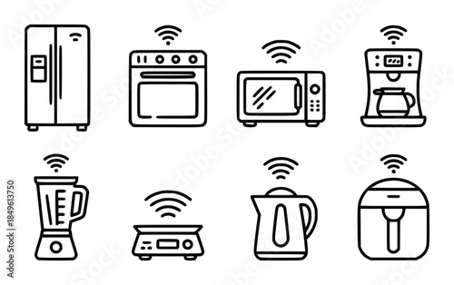 Collection of black representing smart kitchen appliances with wifi signals