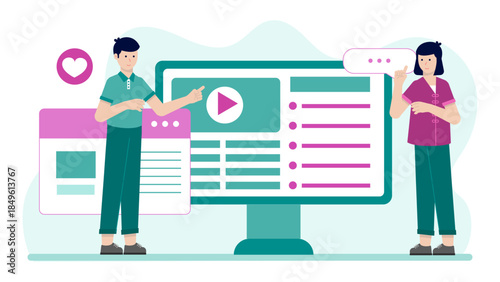 Team A-B Testing Two Website Landing Pages. Business Flat Vector Illustration