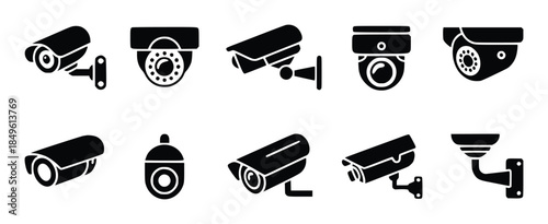Collection of black security surveillance cameras white cctv