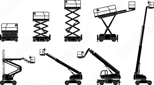 Aerial work platforms silhouette set including scissor lifts boom lifts cherry pickers industrial access equipment black vector illustration