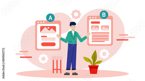Team A-B Testing Two Website Landing Pages. Business Flat Vector Illustration
