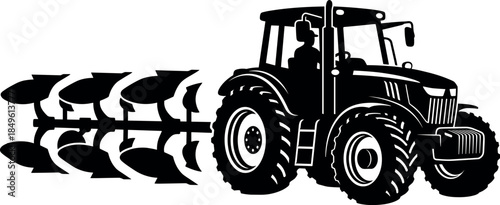 Agricultural tractor silhouette illustration with plow attachment farming machinery rural cultivation equipment black vector icon design
