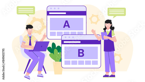 Team A-B Testing Two Website Landing Pages. Business Flat Vector Illustration
