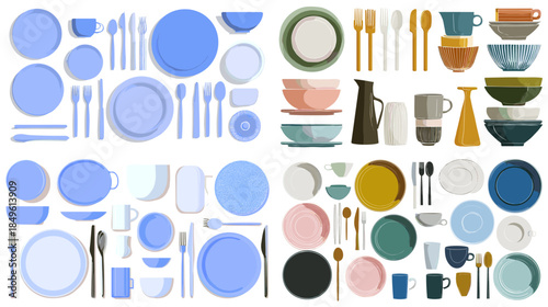 Watercolor tableware and dining elements set with plates bowls cups and cutlery perfect for kitchen decor food branding and modern lifestyle illustration.