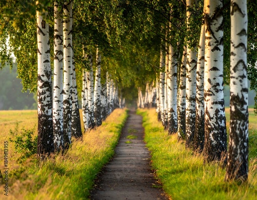 Pathway lined with birch trees, creating a tunnel effect, grass fields to either side in warm, golden light