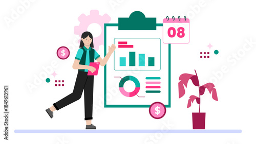 Analyst Preparing an Annual Financial Report. Business Flat Vector Illustration