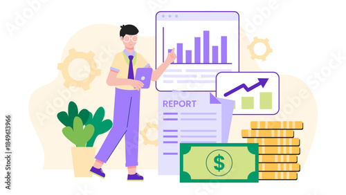 Analyst Preparing an Annual Financial Report. Business Flat Vector Illustration