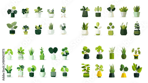 Watercolor potted houseplant collection with fresh green foliage ideal for interior decor botanical branding nursery art and calming lifestyle illustration.