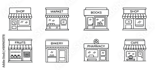 Collection of hand drawn representing different types of shops and businesses market books