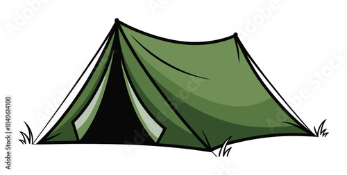 Green cartoon tent pitched grass with black outlines and white camping outdoor