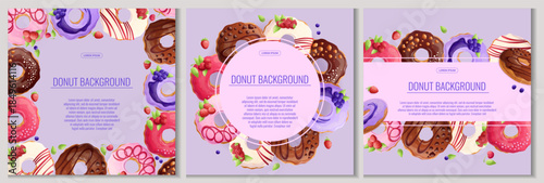 A set of colorful backgrounds with delicious donuts. The concept of confectionery, baking, cooking. Vector illustration for the design of posters, flyers, postcards and invitations