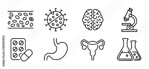 Medical science featuring cells brain virus stomach uterus microscope pills and flasks