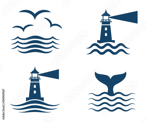 Nautical featuring lighthouses seagulls and whale tail waves ocean water