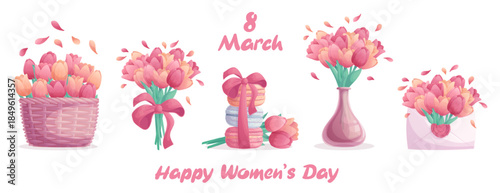 A set of festive elements with flowers on a white background. The concept of International Women's Day. Isolated vector illustration for the design of postcards, banners, textiles, posters