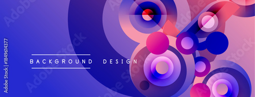 Abstract vibrant background. Circles overlap creating dynamic visual effect. Blue, purple, pink hues dominate composition. Modern design element.