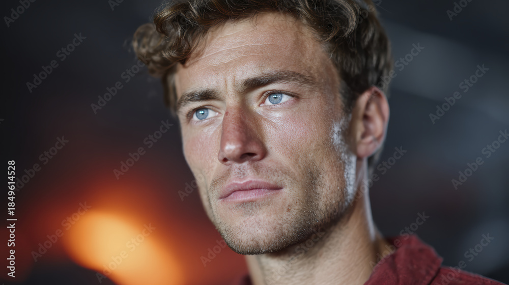 Fototapeta premium Handsome man portrait closeup blue eye serious expression masculine face emotional mood
