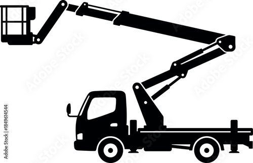Articulated bucket truck silhouette illustration showing aerial work platform utility service vehicle industrial maintenance equipment black vector icon