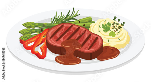 Grilled Steak with Asparagus, Mashed Potatoes, and Red Pepper Slices.