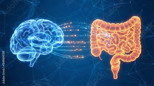 Conceptual Medical Illustration of the Gut-Brain Axis Showing Neural Connection Between Human Brain and Digestive System. Metabolism illustration, eating disorders