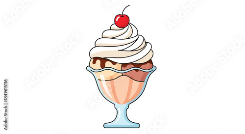 Delicious ice cream sundae with whipped cream and cherry on top.