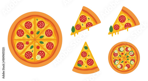 Delicious pepperoni pizza slices and whole pizzas with fresh basil and cheese.