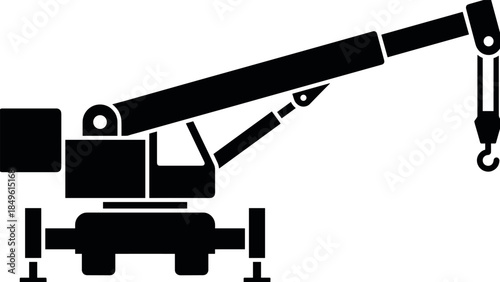 Compact mobile crane silhouette illustration with telescopic boom and hook industrial construction lifting equipment black vector icon