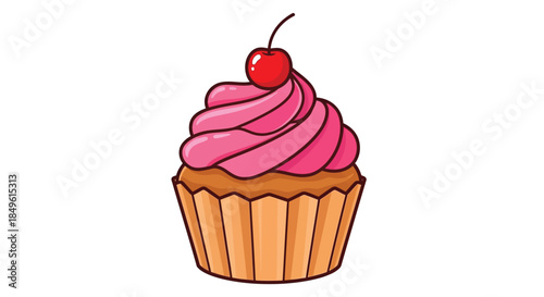 Delicious cupcake with pink frosting and a cherry on top.