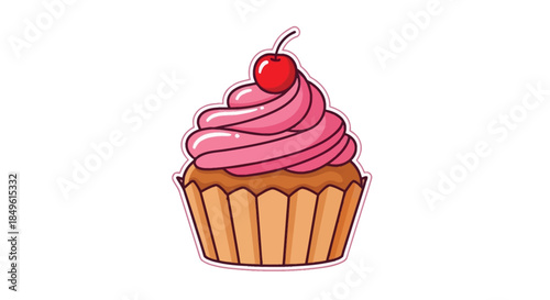 Delicious cupcake with pink frosting and a cherry on top.