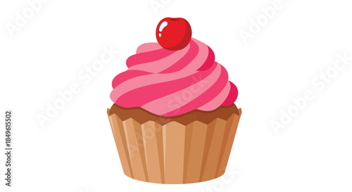 Delicious cupcake with pink frosting and a cherry on top.