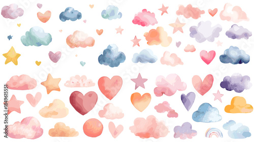 Watercolor clouds stars and hearts collection with soft pastel tones perfect for dreamy decor kids designs romantic themes and gentle illustration backgrounds.