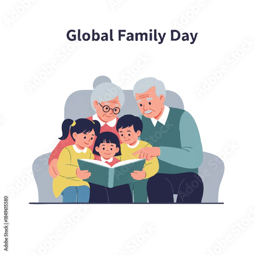Illustration of a multi-generational family reading a book together on a couch with a warm and cozy atmosphere.