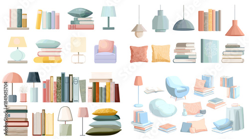 Watercolor home library and decor collection with books lamps cushions and shelves ideal for cozy interiors modern branding and lifestyle illustration design.