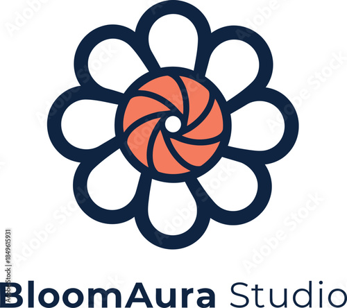 Bloom Aura Studio Logo with Flower and Camera Shutter Vector Illustration
