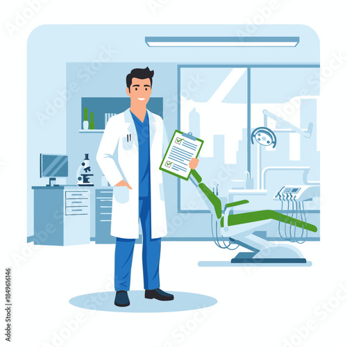 Friendly male dentist holding clipboard in modern dental cabinet