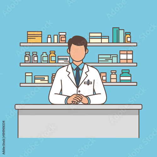 Male pharmacist standing at counter in pharmacy with shelves of medicines