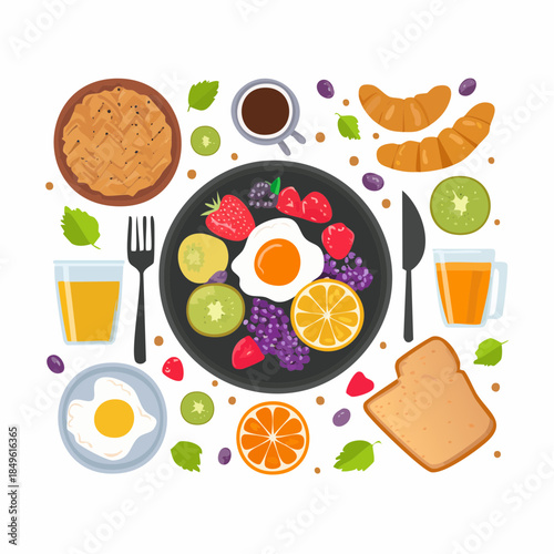 A Delicious and Healthy Breakfast Spread with Fruits, Eggs, and Pastries