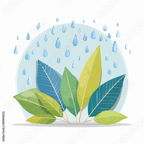 Vibrant green and blue leaves nourished by gentle falling raindrops, a fresh and natural illustration of spring's renewal