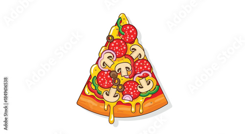 Delicious pizza slice with various toppings, a perfect meal.