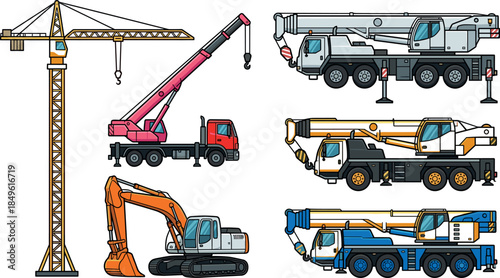 Construction crane and heavy machinery vector set featuring mobile cranes excavator tower crane industrial vehicles isolated illustration