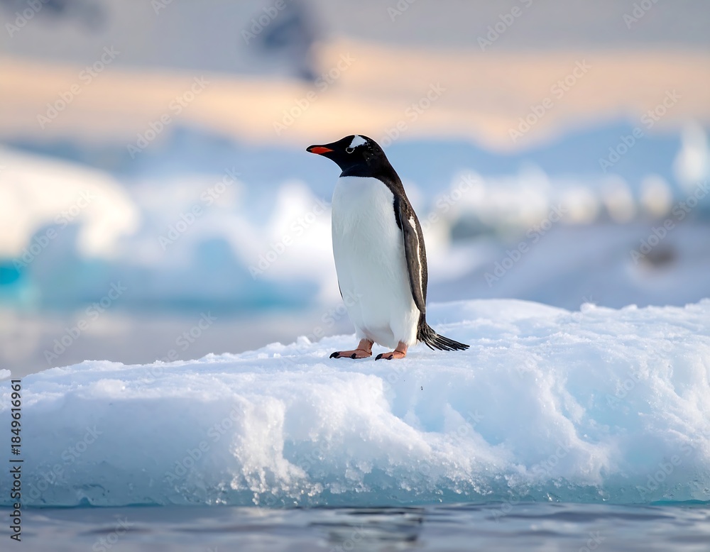 Obraz premium Penguin stands tall on an iceberg with soft sunlight and blue water surrounding it
