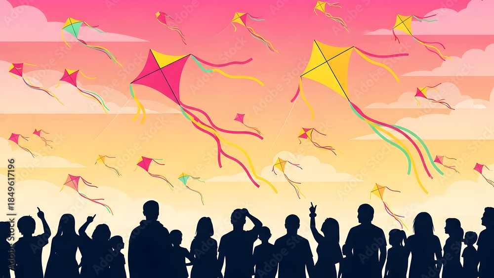 Naklejka premium Vector illustration of colorful kites flying in the sky during Makar Sankranti festival. Happy celebration concept with vibrant colors and blue sky background. 
