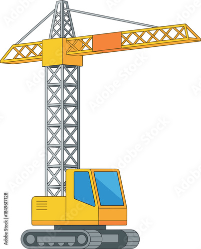 Crawler tower crane illustration showing lattice mast and rotating jib heavy construction lifting machinery industrial yellow vector design