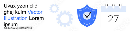 Cybersecurity, task scheduling, productivity planning, data protection, system optimization, digital tools. Blue shield with checkmark, calendar gears. Cybersecurity and task scheduling concept