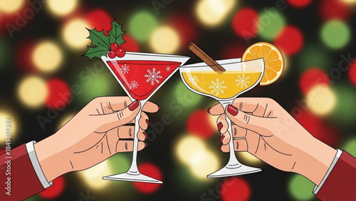 Hands toasting with festive holiday cocktails decorated with snowflakes and fruit against a bokeh background of Christmas lights